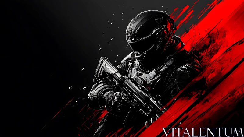 Armored sci fi soldier with rifle amid red digital streaks.