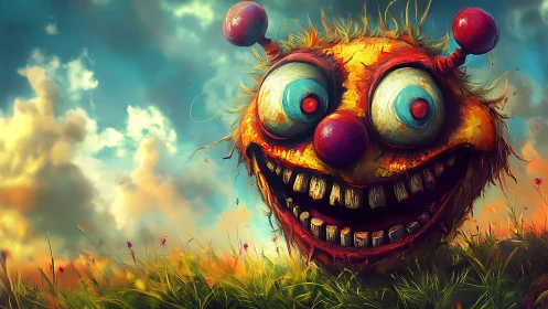 Grinning meadow goblin under candy clouds at golden hour.