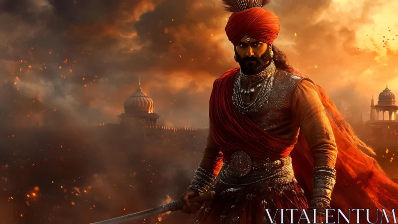 Warrior prince stands before burning palace at dusk