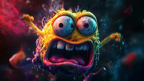 Cartoonish yellow monster screaming in neon chaos.