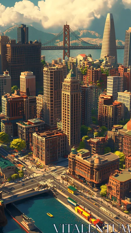 Rendered coastal cityscape with bridge and dense downtown core.