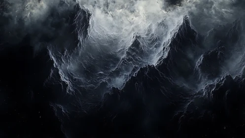 Fractal storm mountains emerge from turbulent monochrome nebula