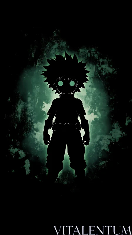 Dark green silhouette of spiky haired anime boy figure.