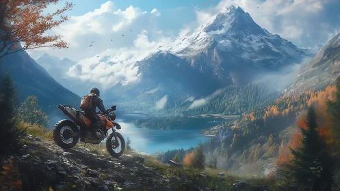 Motorcyclist pauses above a misty alpine lake at sunrise.