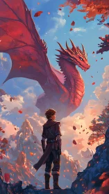 Young adventurer faces massive red dragon at sunset