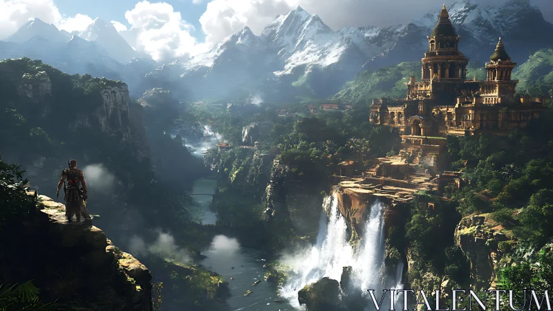 Lone wanderer beholds sunlit citadel above roaring falls.