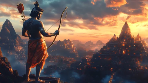 Sunset archer overlooking blazing mythic temple citadel.