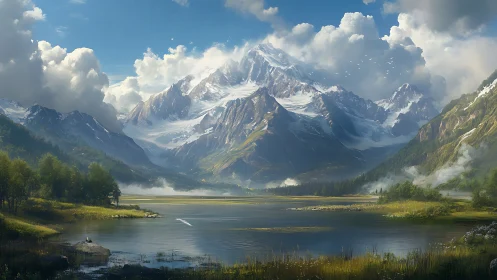 Snow-covered mountain range above lake and valley landscape.