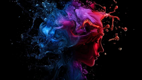 Profile silhouette emerges from multi‑colored liquid splashes