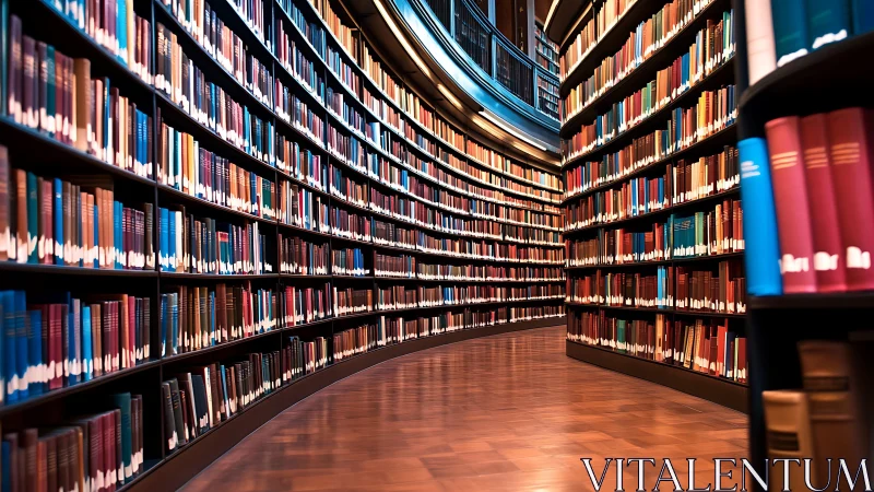 Curved multi-tier library stacks form a converging linear aisle