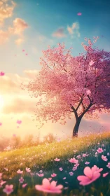 Luminous cherry blossom tree on gradient-lit spring hillside.