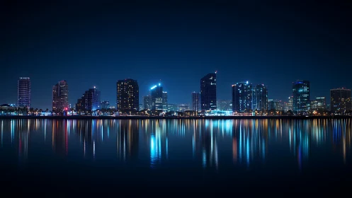 City skyline reflects in calm waterfront under clear night sky