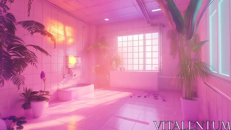 Neon sunrise slips into a tropical dreamscape bathroom
