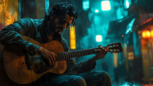 Street guitarist finding quiet magic in a neon city rain.