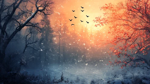 Sunlit autumn forest with birds over misty clearing.