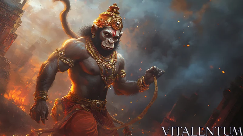 Mythic simian warrior amid incendiary temple ruins rendered.