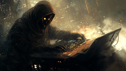 Hooded cyber-specter bends neon code beneath a burning sky