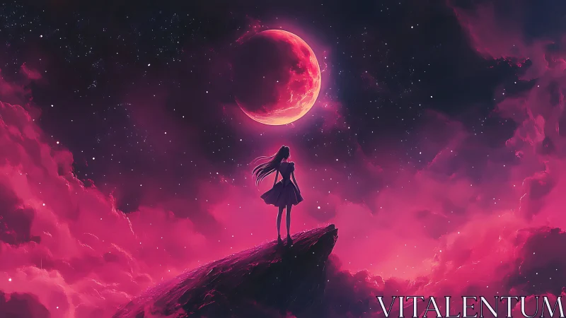 Girl on astral cliff beneath radiant crimson moon.