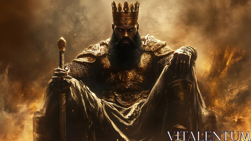 Regal warrior king sits in glowing golden throne room haze