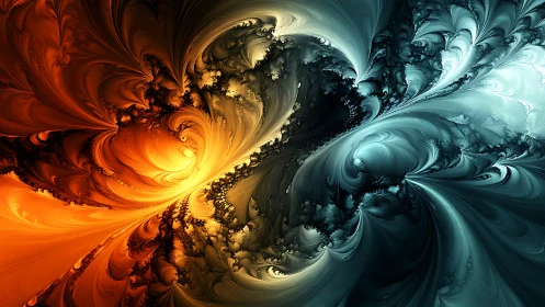 Fiery orange and icy teal fractal currents collide in motion
