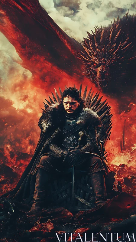 Digital painting of dark king on iron throne with dragon backdrop.