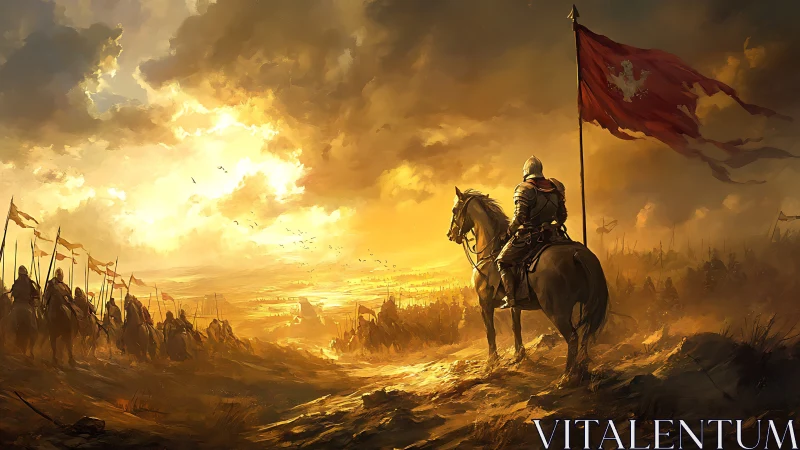 Armored horseman with banner overseeing distant battlefield.