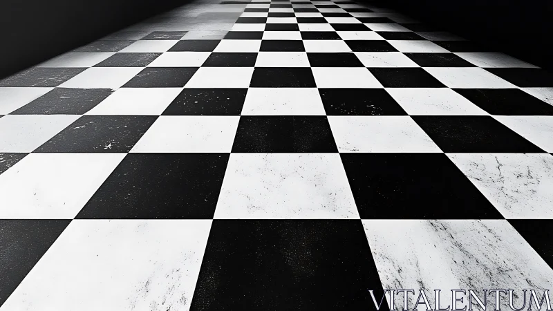 Monochrome checkerboard floor extends into darkness