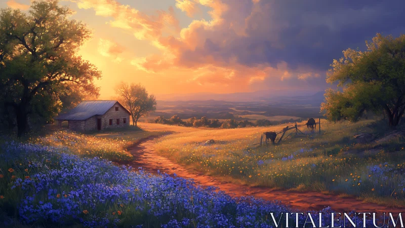 Golden country sunset warms a wildflower meadow homestead