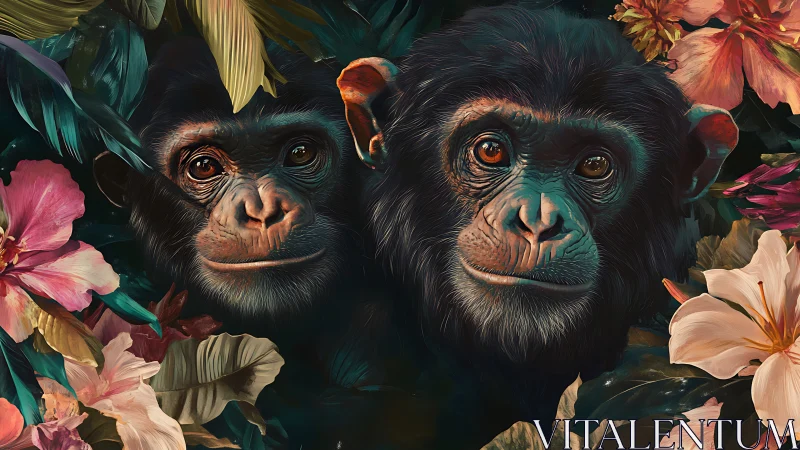 Digital portrait twin chimpanzees amid tropical florals.