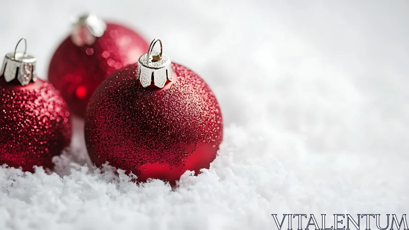 Red glitter Christmas baubles resting on fresh snow.