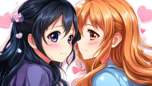 Close-up anime illustration of two blushing girls in warm embrace
