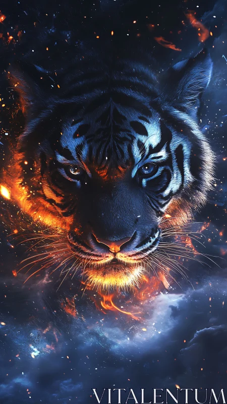 Fiery cosmic tiger emerges from swirling embers and night