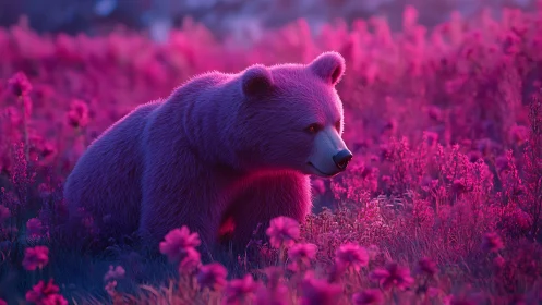Violet bear pauses in glowing magenta wildflower meadow at dusk.