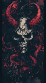 Demonic skull erupts with crimson horns and writhing serpents.