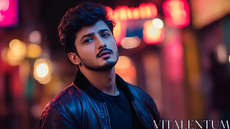 Neon street portrait uses shallow depth and cinematic bokeh lighting