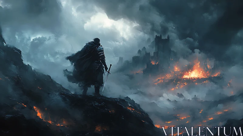 Solitary armored figure overlooking burning distant fortress.