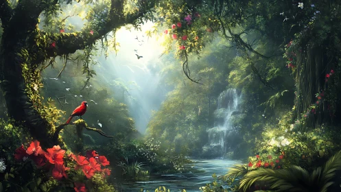 Ruby parrot serenades a misty waterfall jungle dawn.