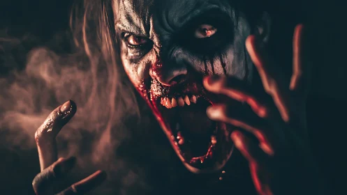 Horror portrait of screaming blood-smeared ghoul in smoke