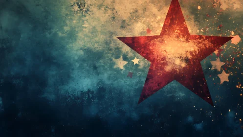 Radiant red star bursting through textured night sky.