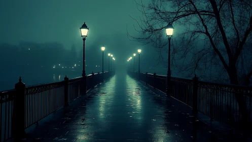 Bridge walkway extends into dense fog under lampposts at night