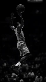 High-contrast monochrome capture of leaping basketball guard.