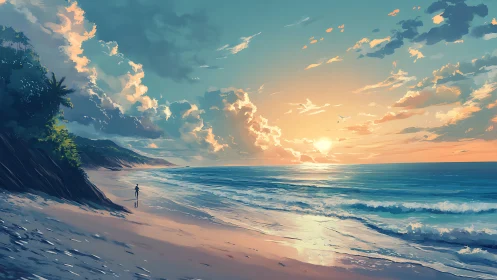 Sunlit shoreline and lone figure embrace serene evening glow.