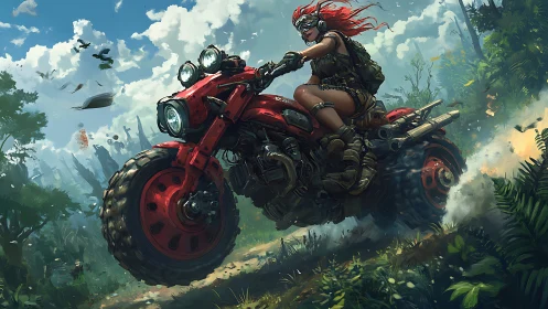 Post-apocalyptic rider powers heavy red bike through jungle