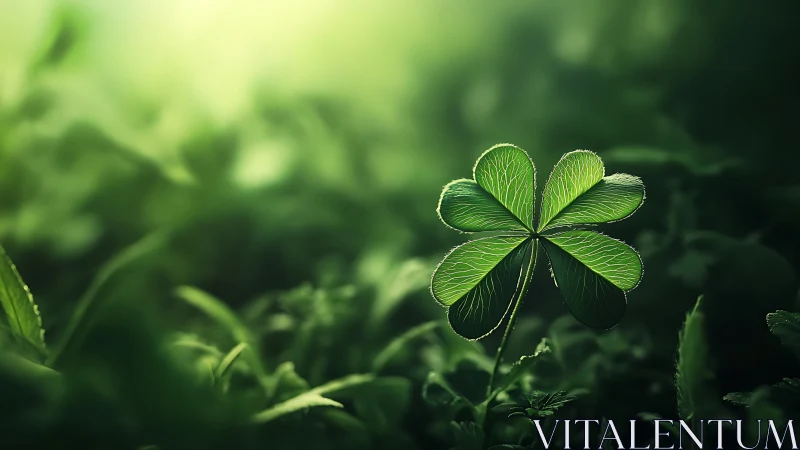Six leaf clover plant in soft focused green environment.