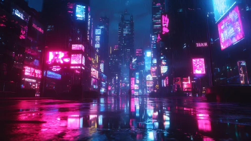 Neon cyberpunk avenue glows through reflective night rain.