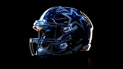 Glossy navy football helmet glows under dramatic studio lights
