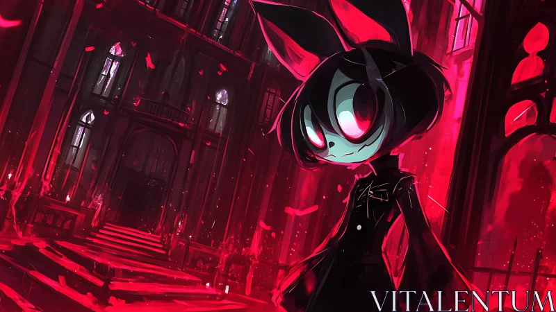 Dark bunny character in red gothic cathedral scene.