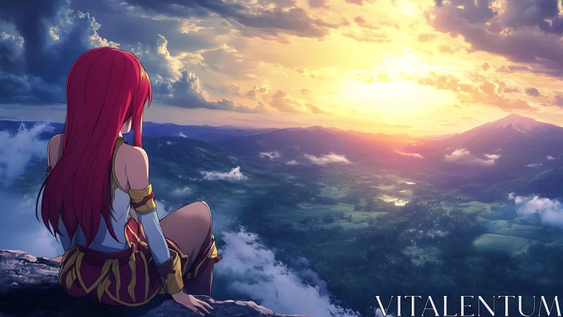 Red-haired warrior overlooking sunlit valley at high altitude