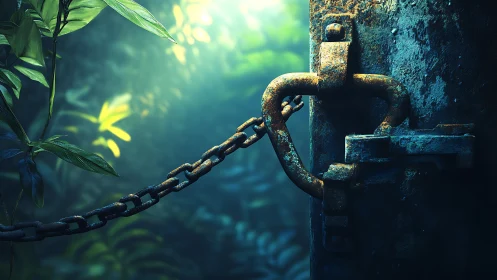 Rusted chained gate contrasts with bright jungle foliage.