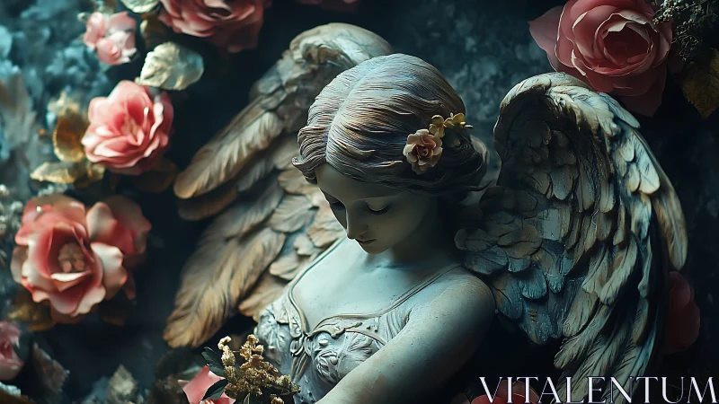 Winged porcelain dream bows quietly among midnight roses